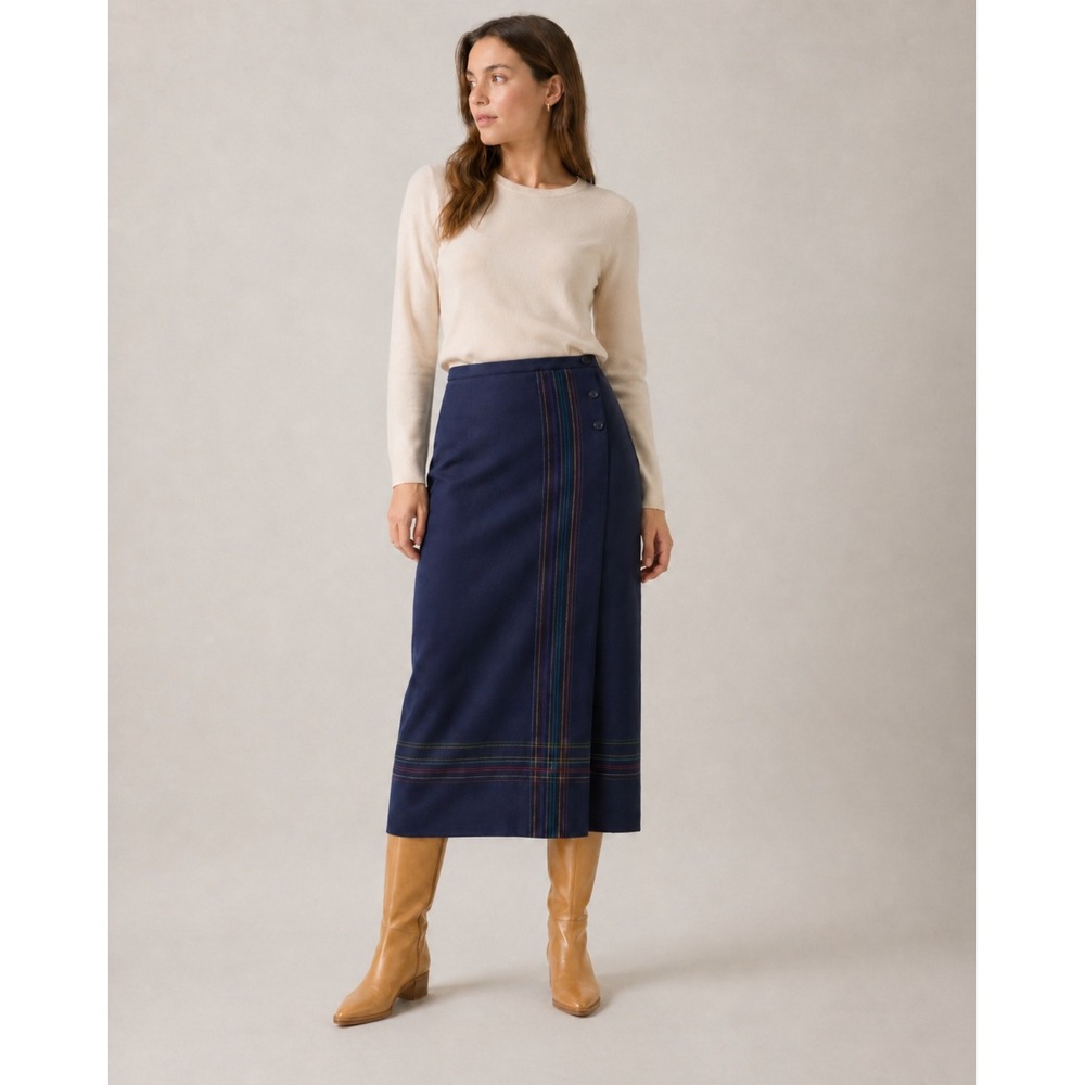 Pendleton Wrap Midi Skirt Womens 12 Navy Blue Tartan Wool Embroidered Detailing
